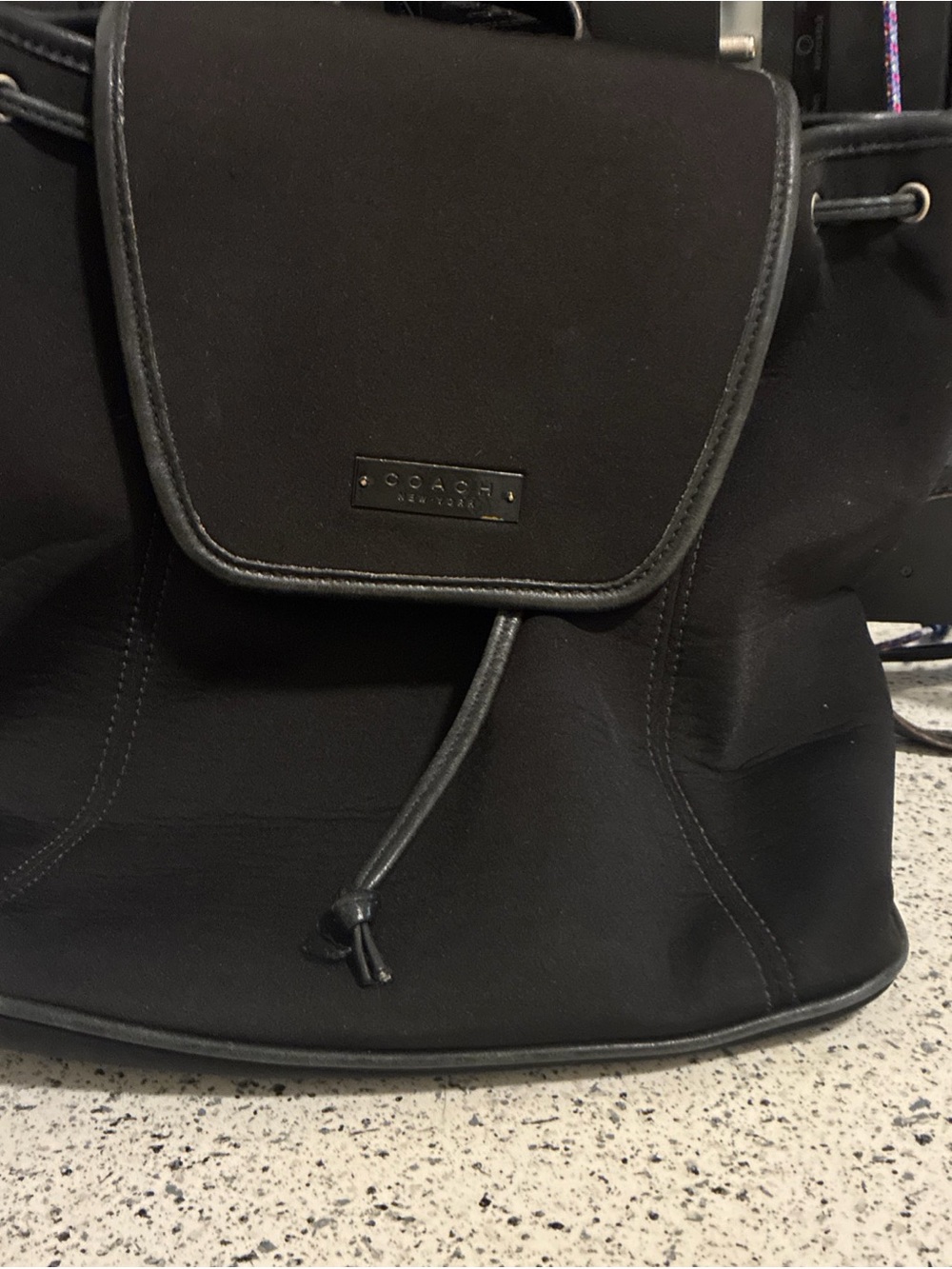 Coach Black Leather Drawstring Flap Backpack